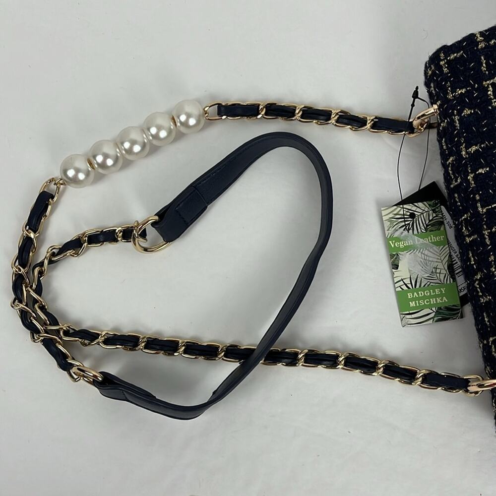 Badgley Mischka Purse Navy Blue Textured Messenger Bag Crossbody Gold Accents - Picture 11 of 11